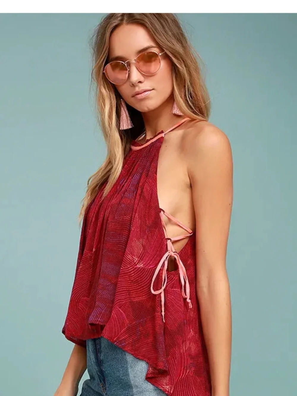 Free People Seasons in the Sun Tank Berry Red Sold Out Boho Halter Tie Top S - Picture 2 of 7
